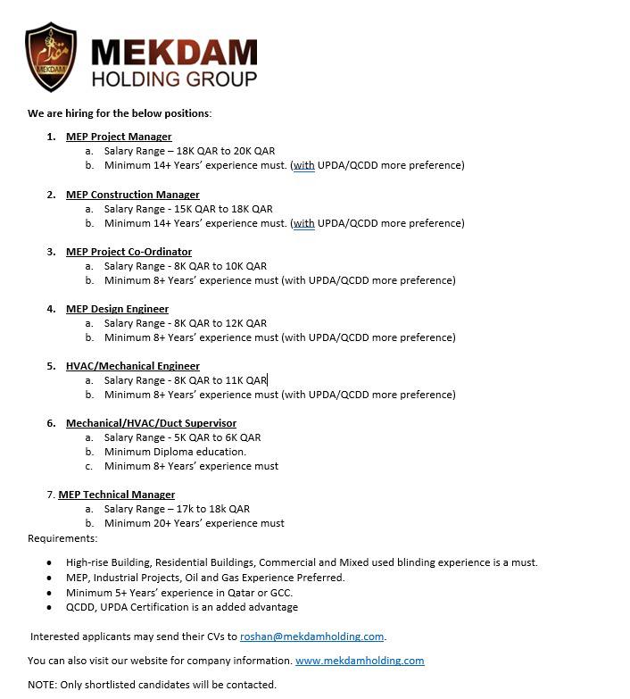 MEP Design Engineer Job In Qatar Mekdam Holding